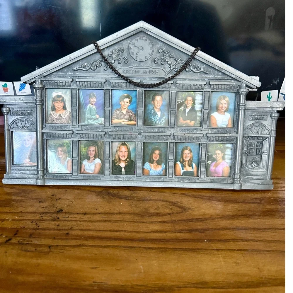 School House Vintage Picture Frame Silver Pewter Tone School Years Good